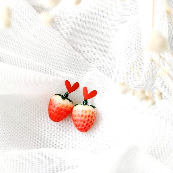 Realistic strawberry heart earrings with silver post for sensitive ears BOGO - Picture 8 of 13